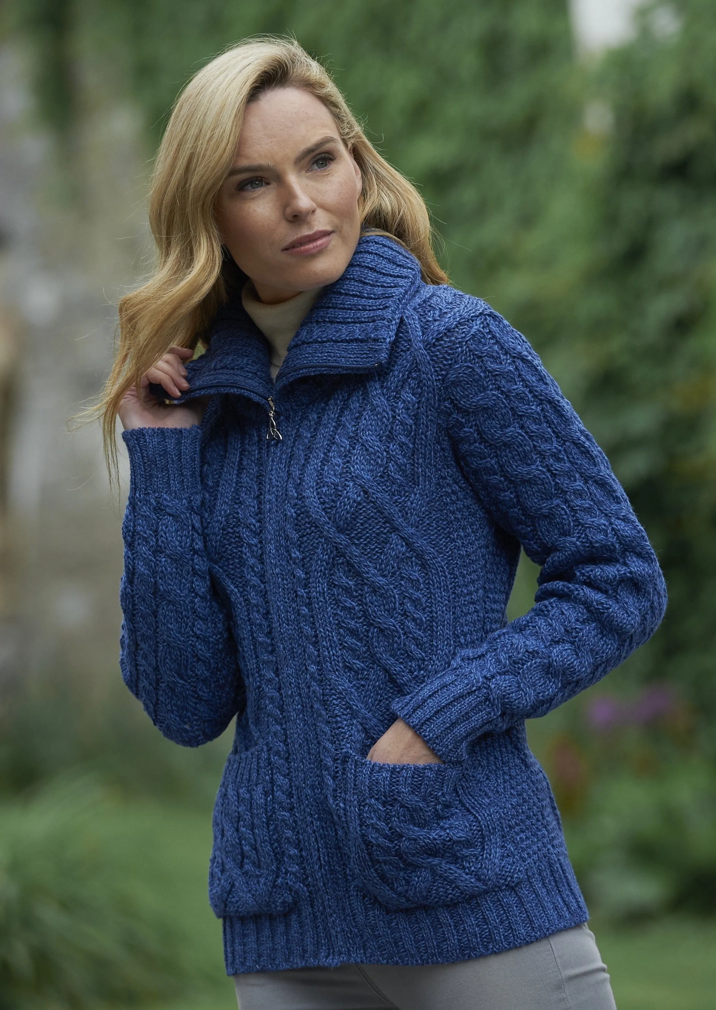 Aran Crafts Double Collar Zipper Cardigan | Blue