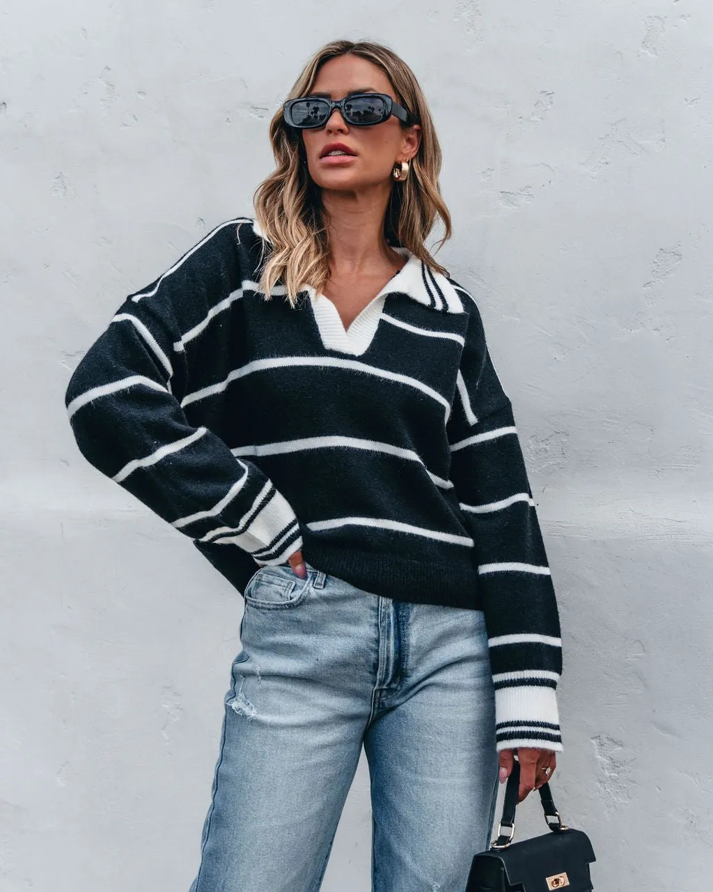 Black and White Stripe Collared Sweater - FINAL SALE