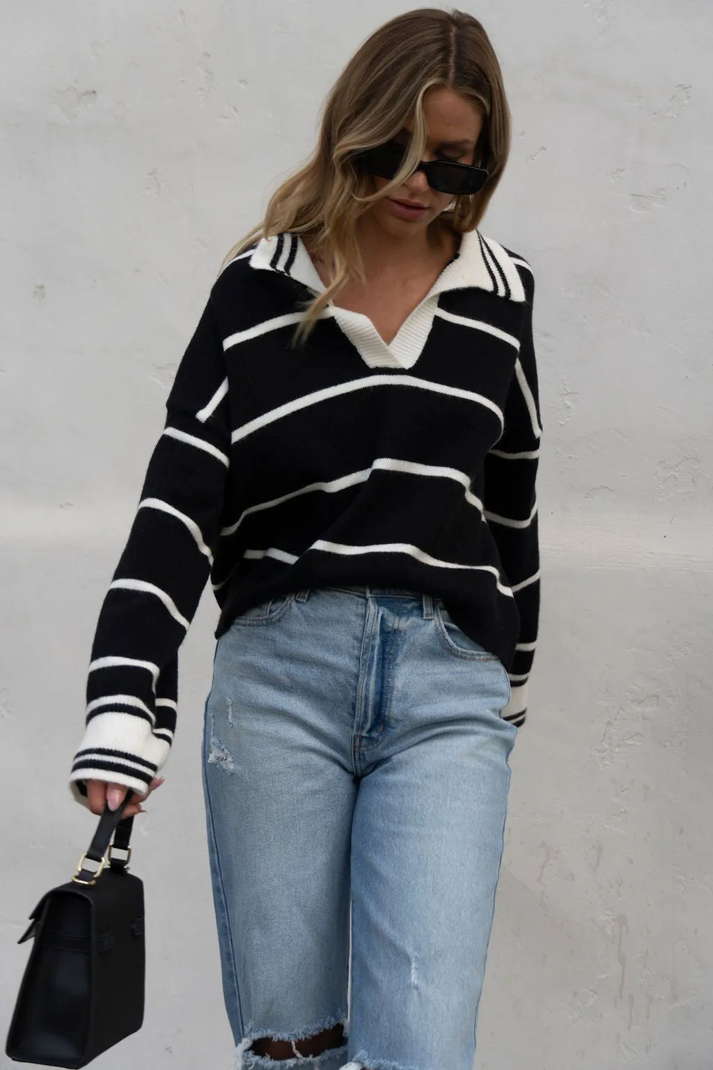 Black and White Stripe Collared Sweater - FINAL SALE