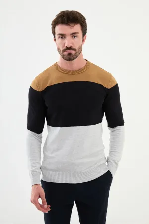 Bojoni Capena Pieced Slim Fit Crew Neck Gray Knitwear Sweater