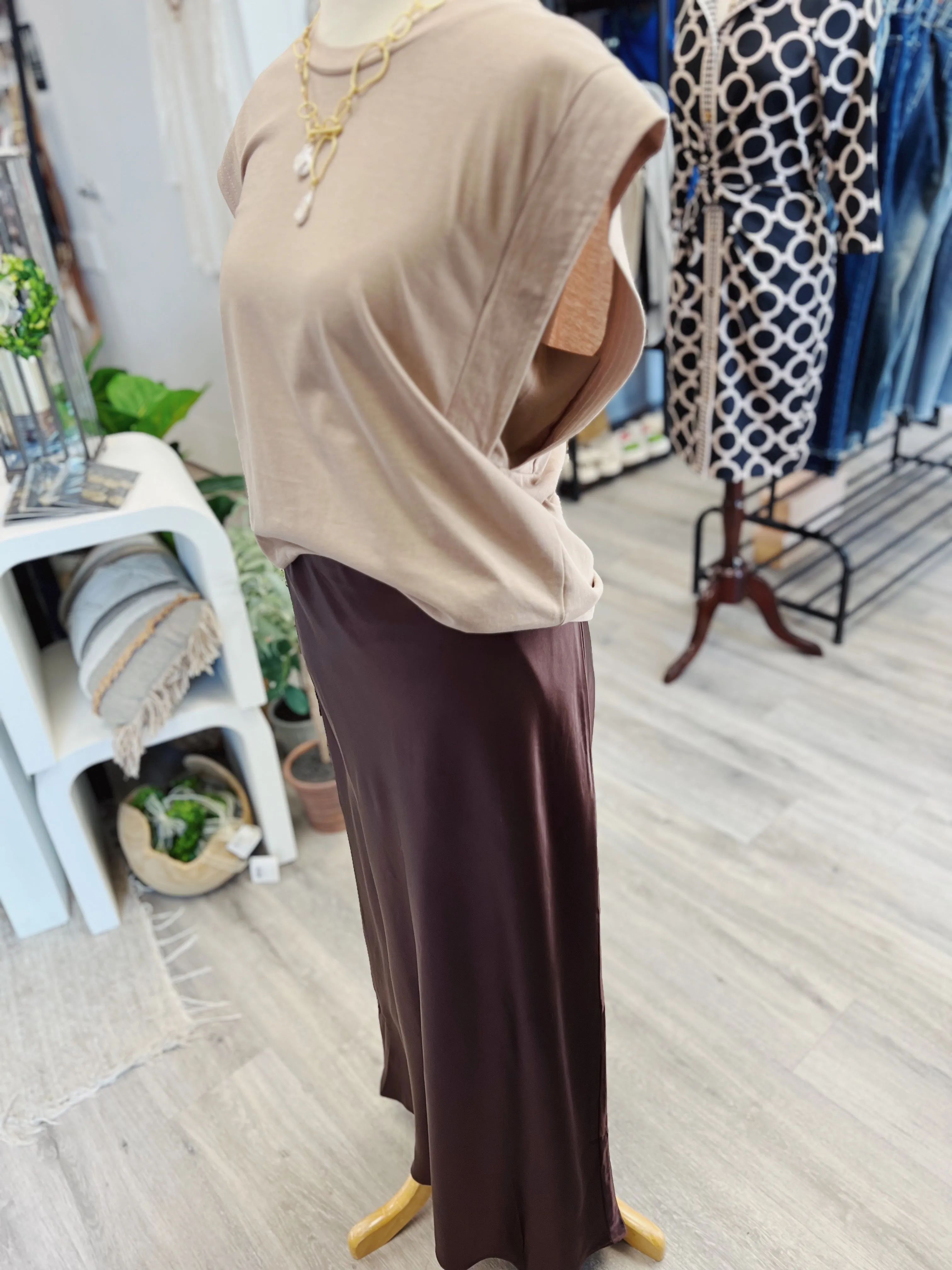 Brown Satin Maxi Skirt