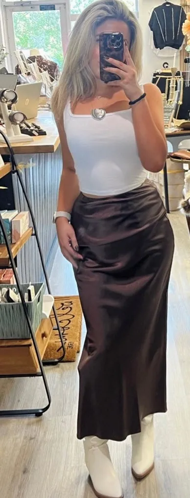 Brown Satin Maxi Skirt