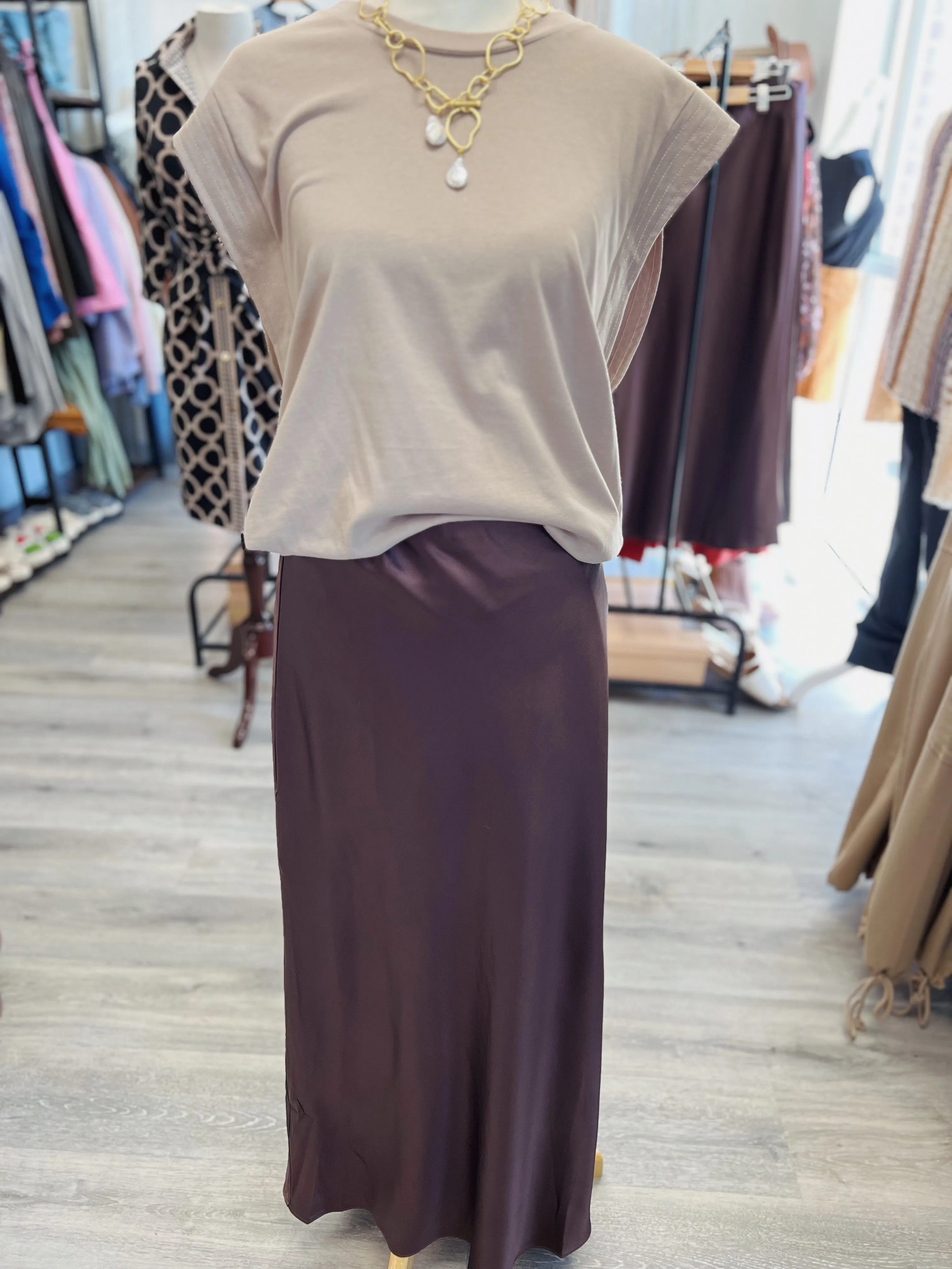 Brown Satin Maxi Skirt