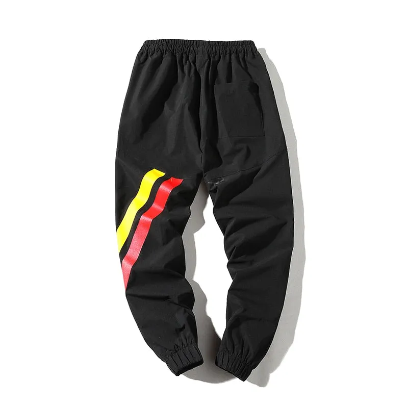 Casual Black Style with Red Yellow Stripe Detail Men Streetwear Pants