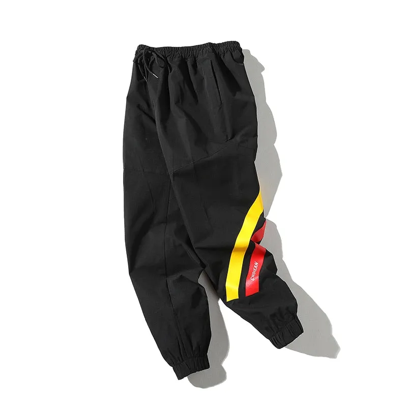 Casual Black Style with Red Yellow Stripe Detail Men Streetwear Pants