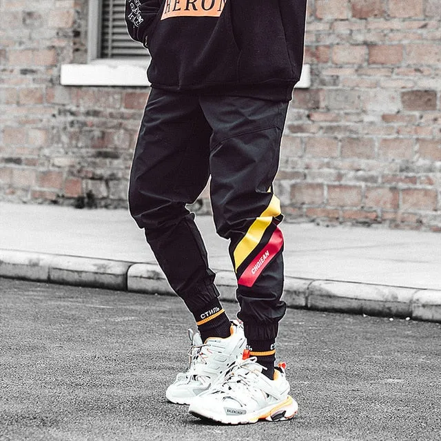 Casual Black Style with Red Yellow Stripe Detail Men Streetwear Pants