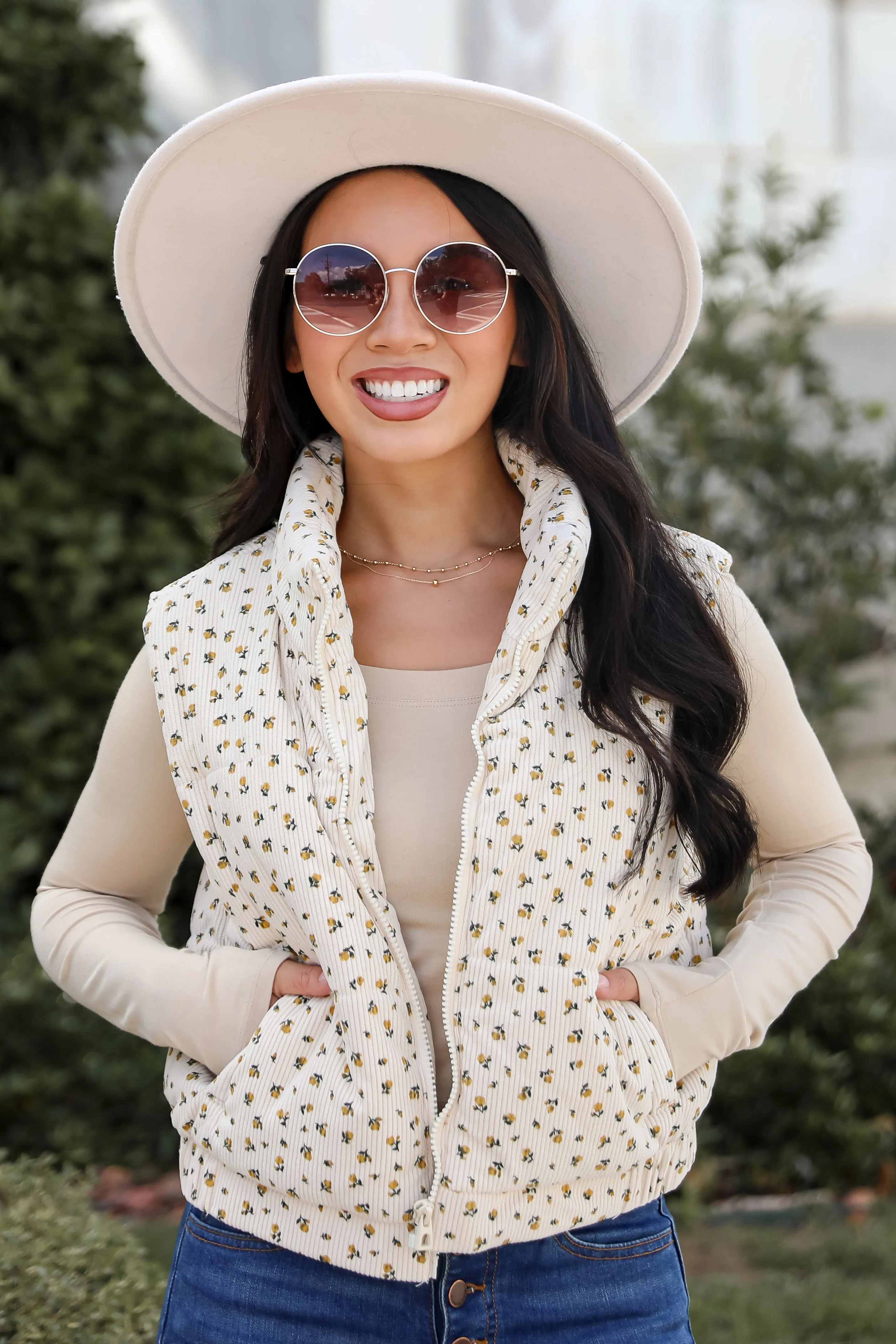 Charming Comfort Cream Floral Corduroy Puffer Vest