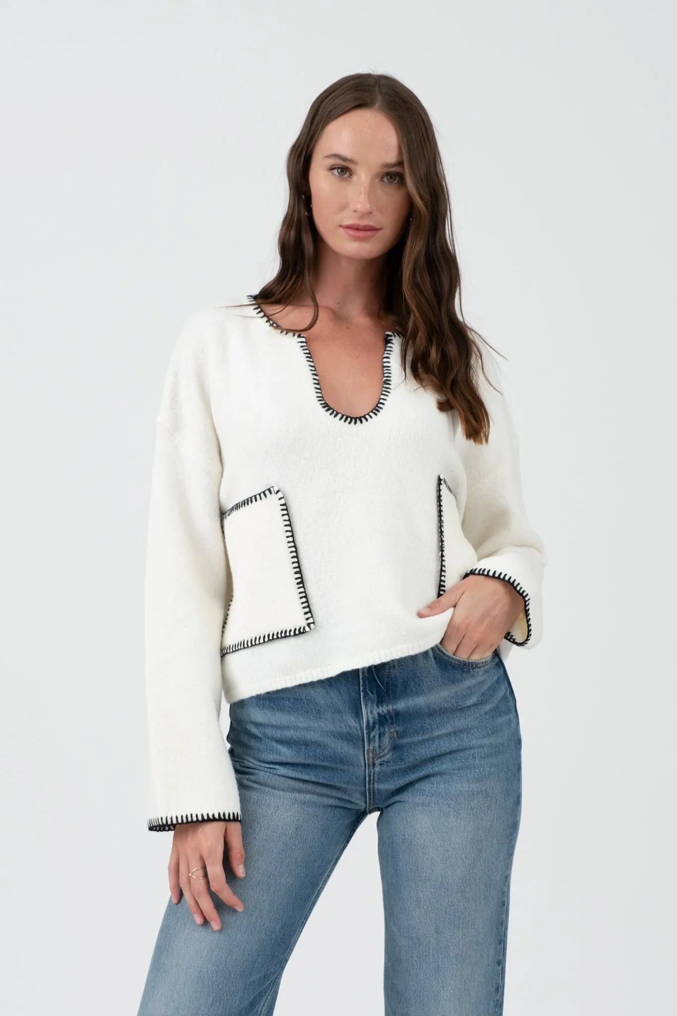 Contrast Stitch Pocket Sweaters - 2 Colors!