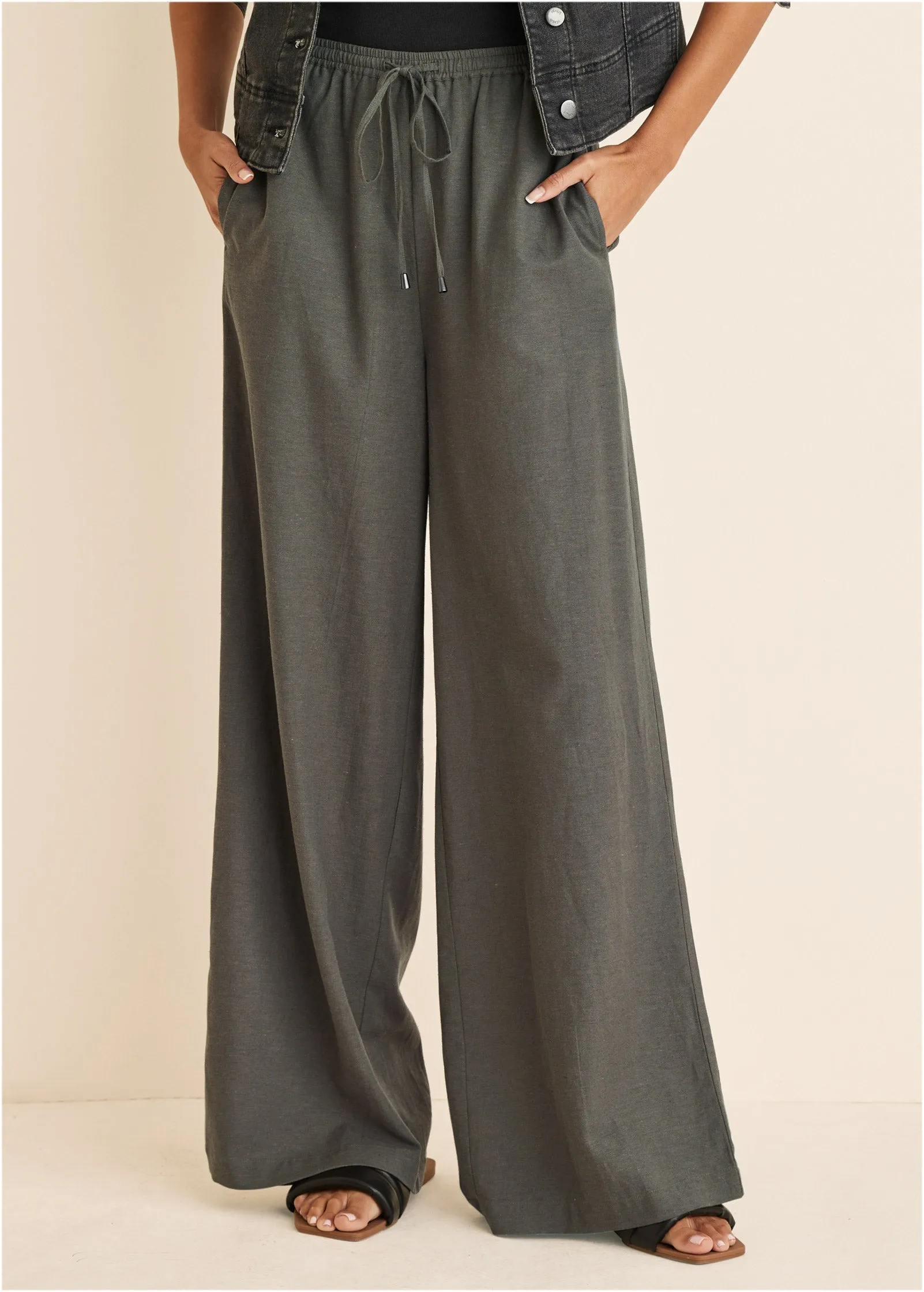 Cotton Linen Wide Leg Pants - Olive