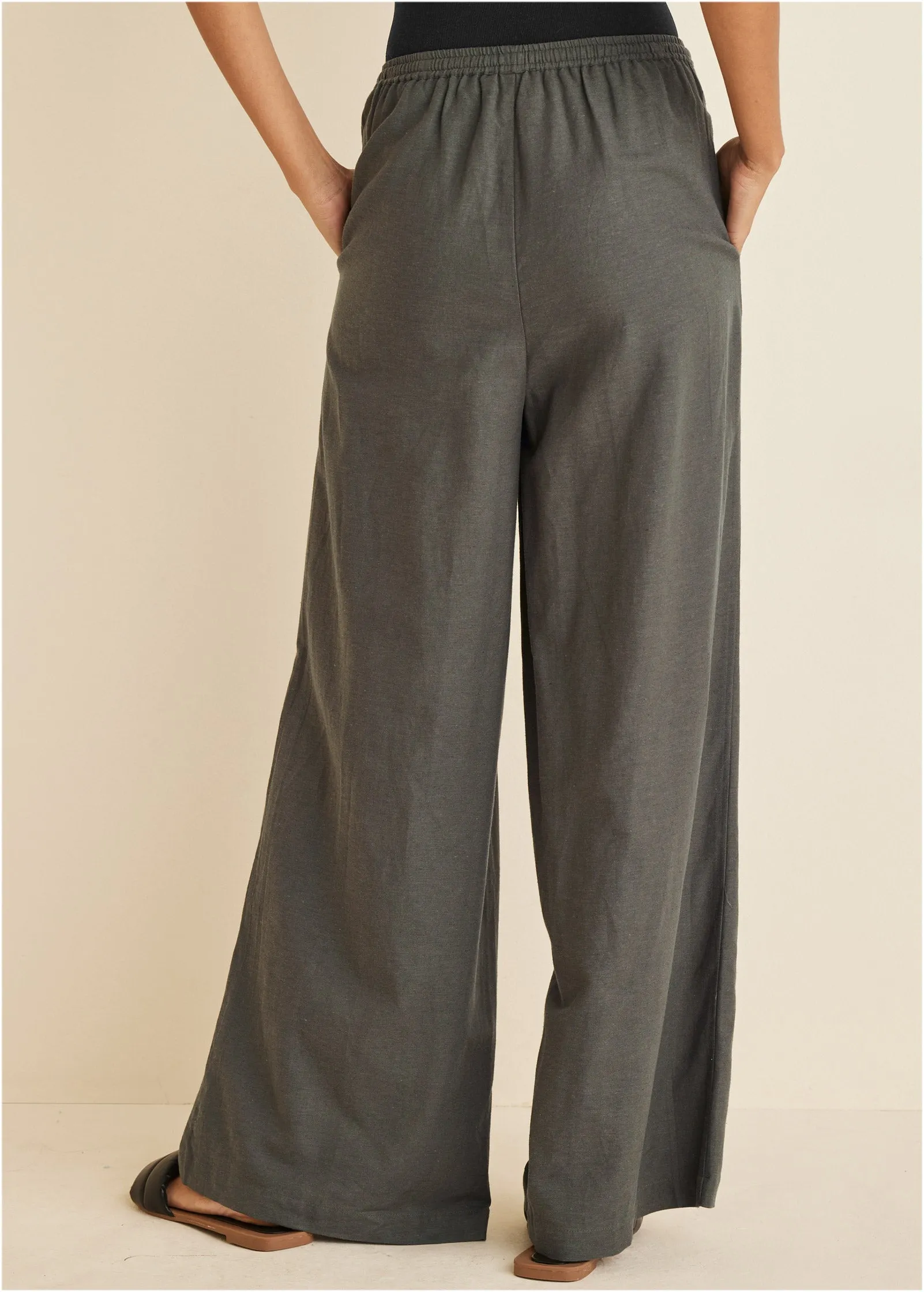 Cotton Linen Wide Leg Pants - Olive