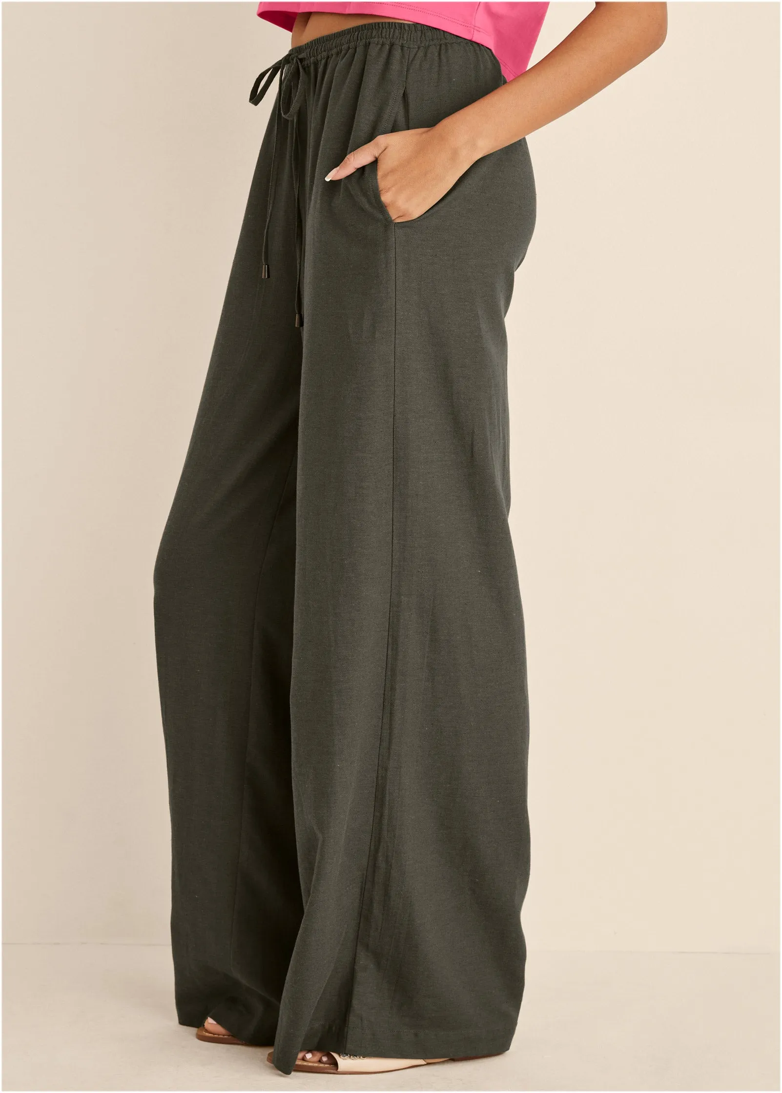 Cotton Linen Wide Leg Pants - Olive