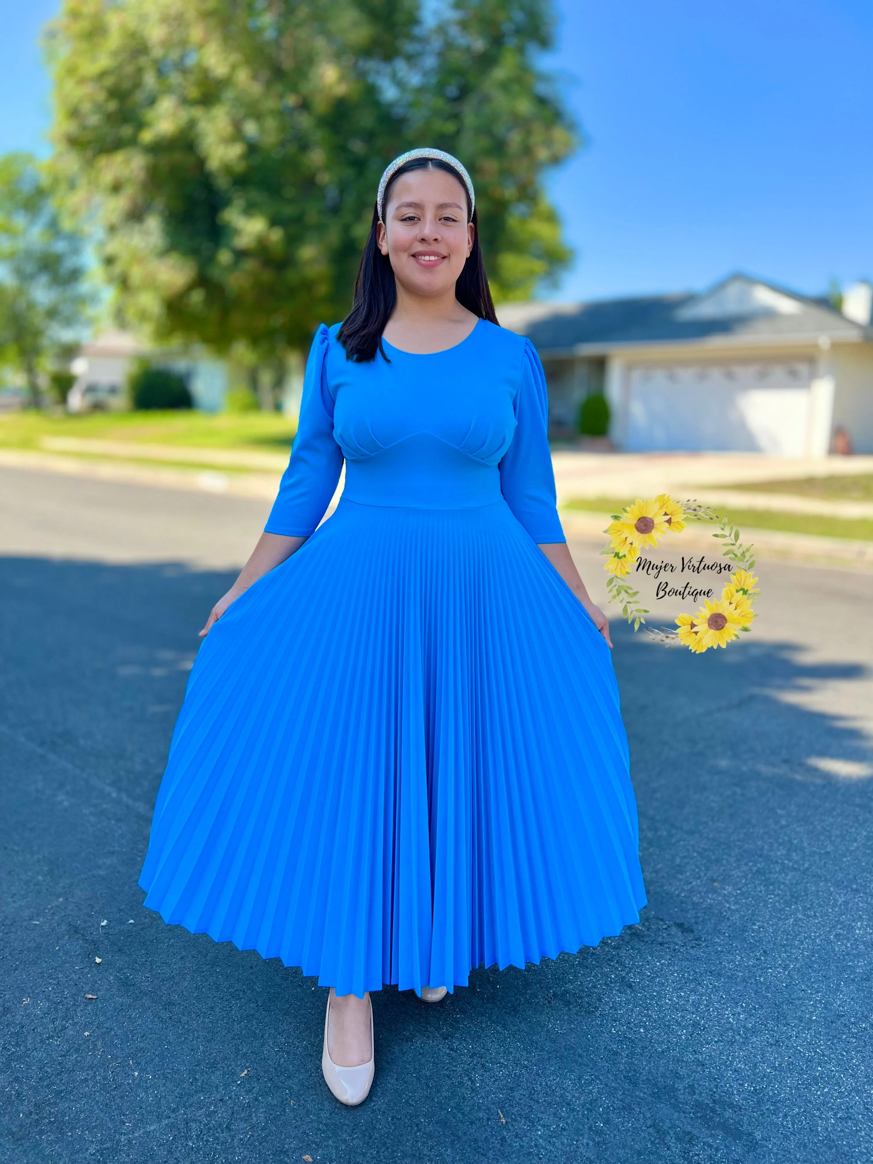 Cristel Aqua Pleated Dress