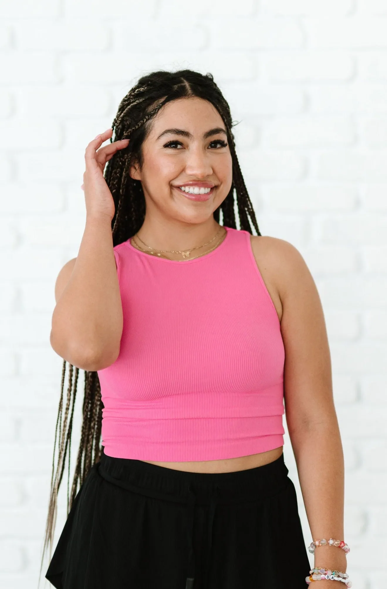 Cropped Ribbed High Neck - Barbie Pink