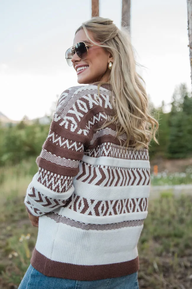 Extended Stay Brown Printed Crew Neck Sweater FINAL SALE