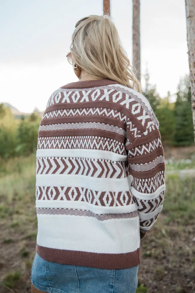 Extended Stay Brown Printed Crew Neck Sweater FINAL SALE