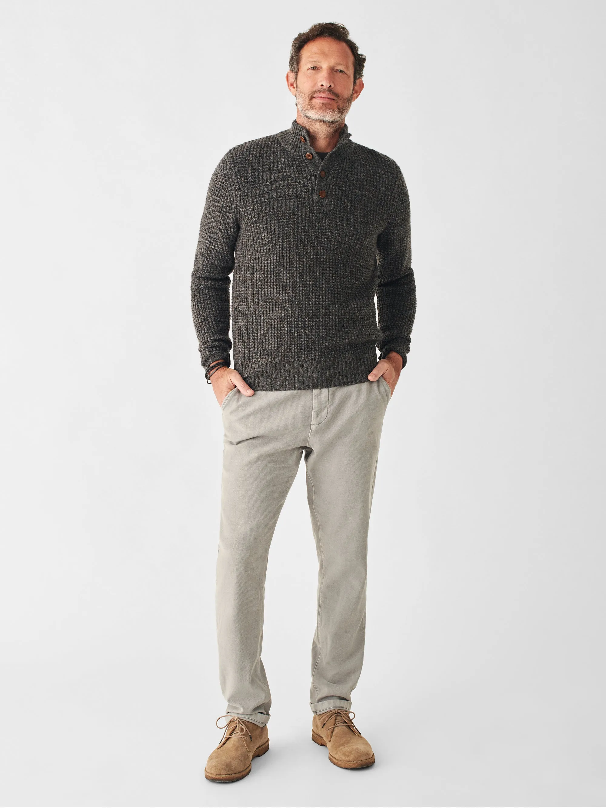 Faherty Cashmere Wool Quarter Button Sweater in Charcoal Melange