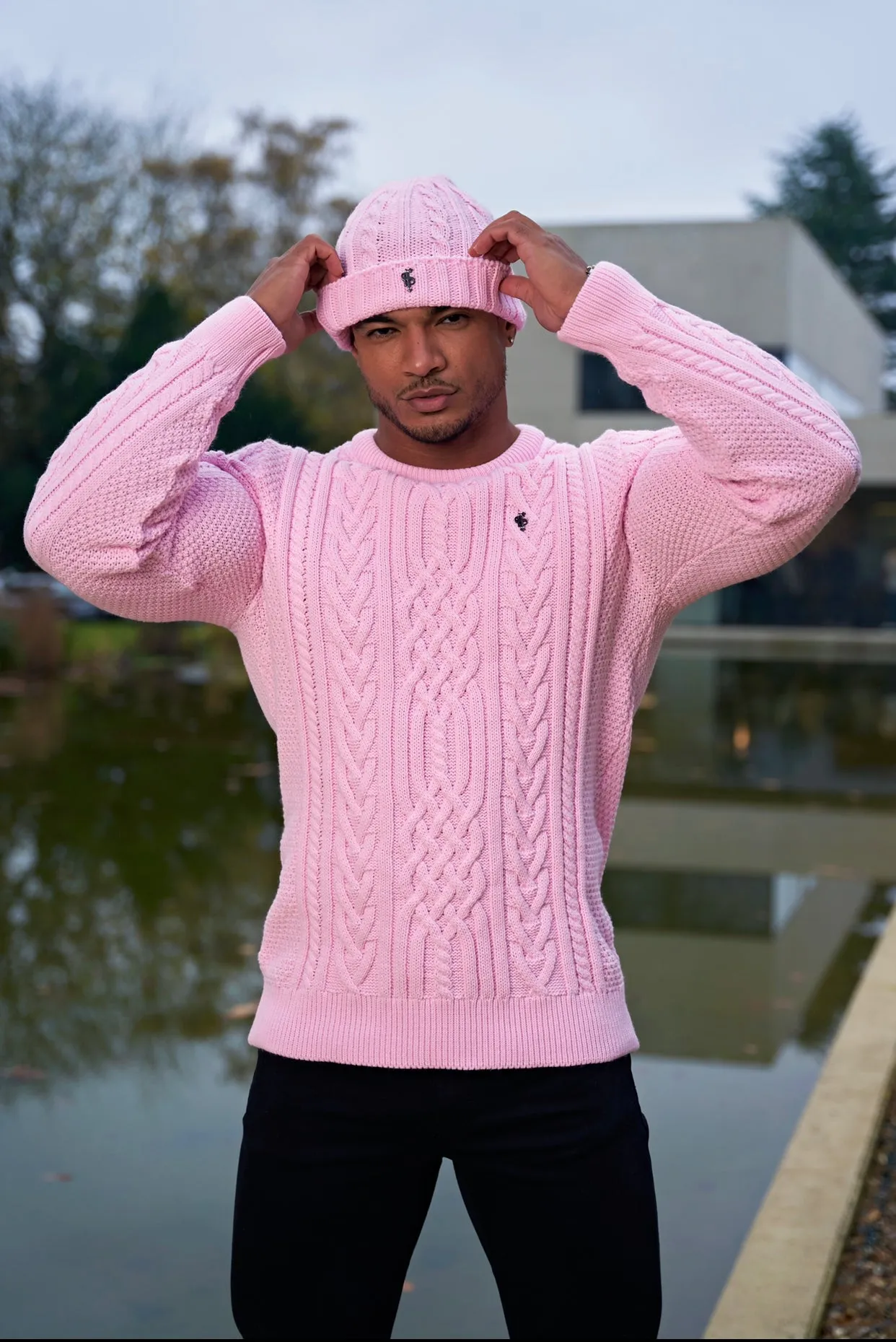 Father Sons Bright Pink Twisted Braid Weave Super Slim Sweater With Gunmetal Decal - FSJ041