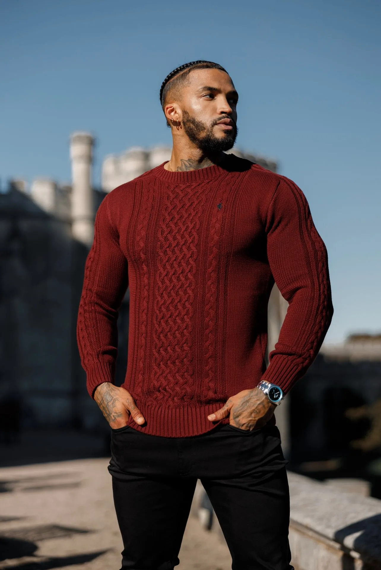 Father Sons Burgundy Knitted Cable Saddle Crew Super Slim Sweater With Metal Decal - FSN079