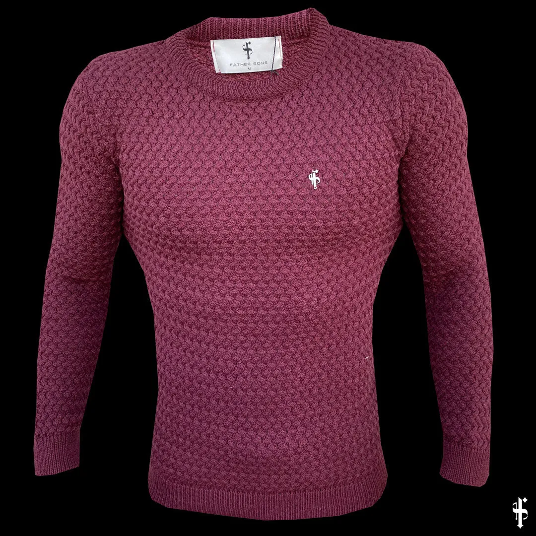 Father Sons Burgundy Knitted Weave Super Slim Sweater With Metal Decal - FSJ017