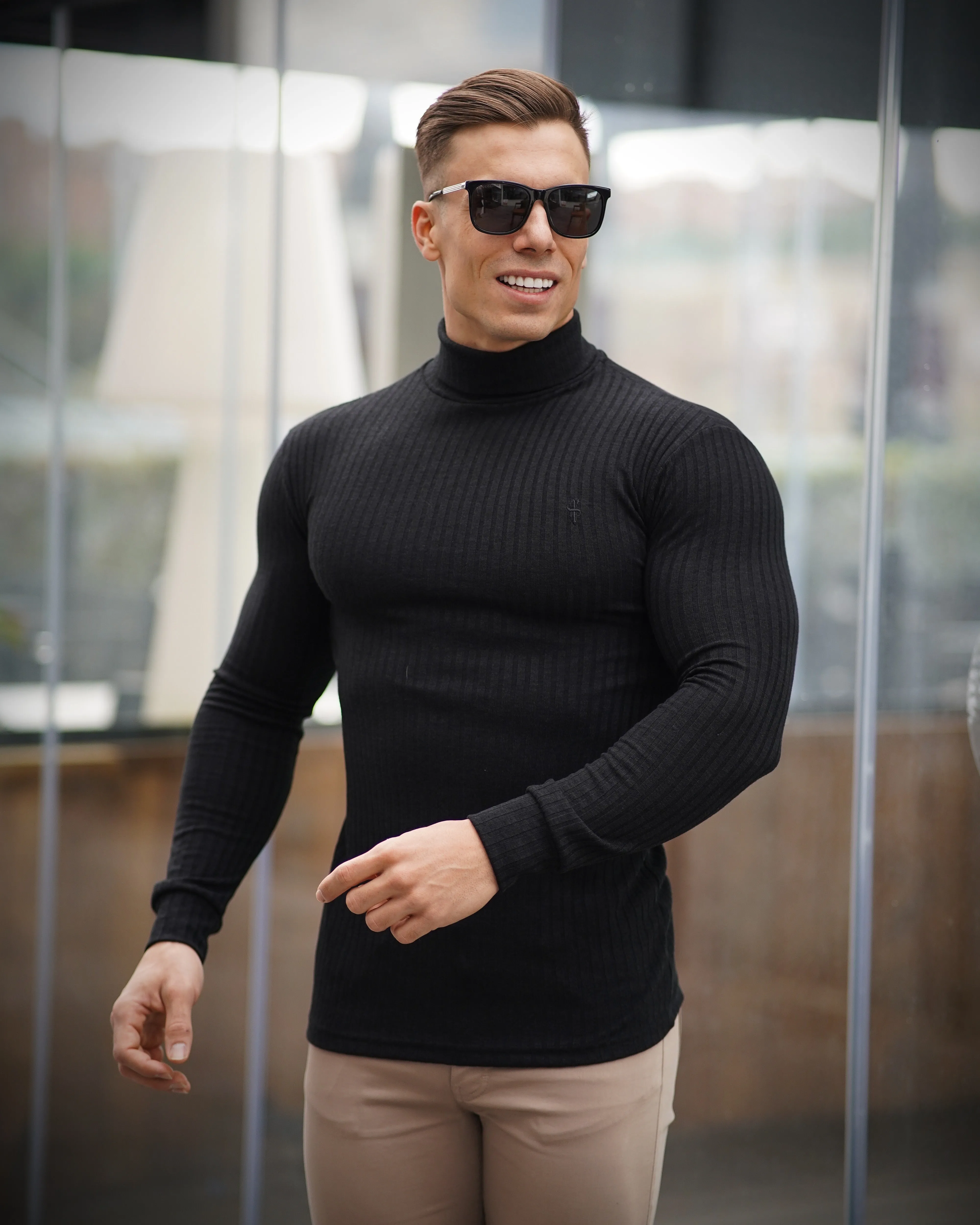 Father Sons Classic Black Ribbed Knit Roll-neck Sweater - FSH591