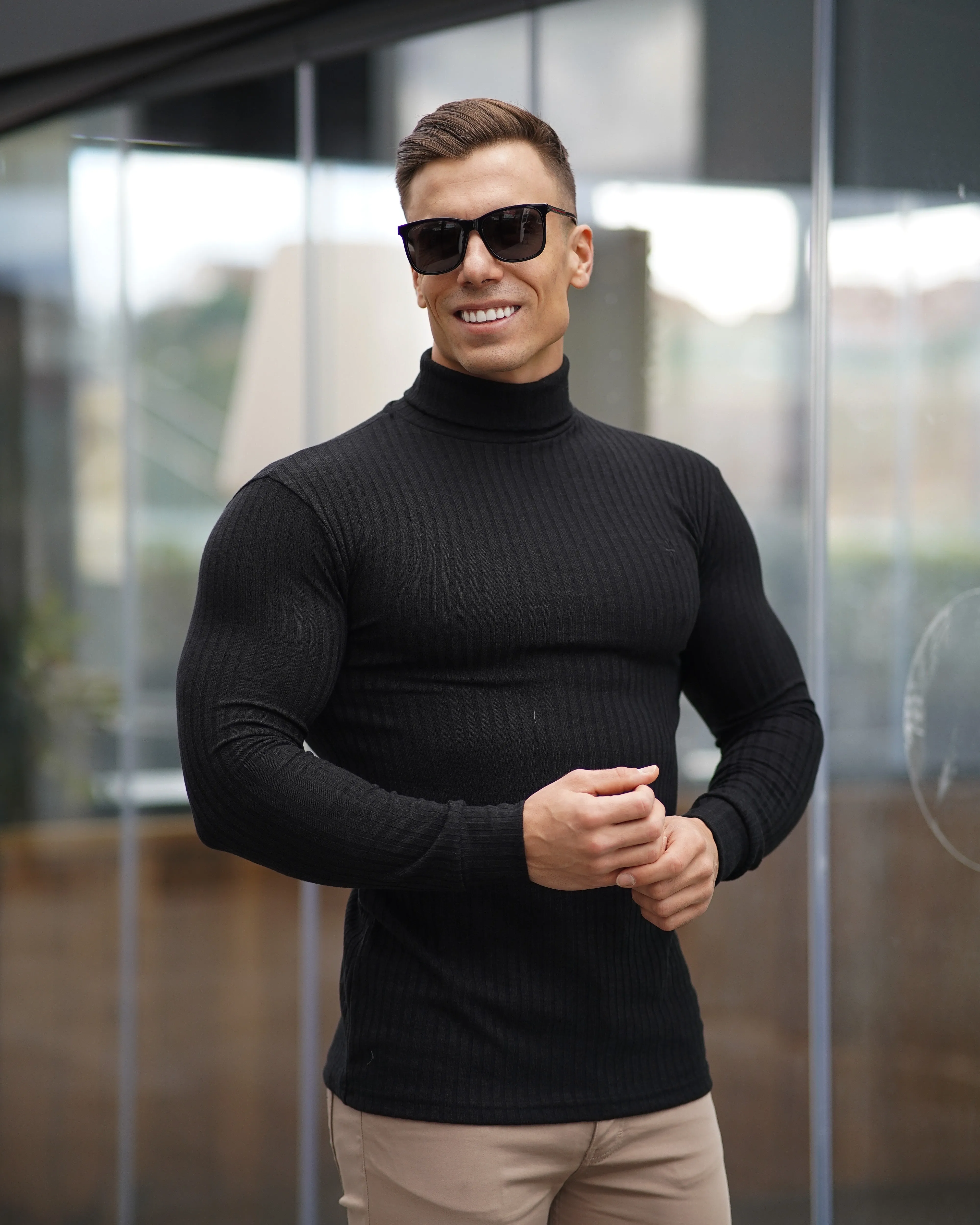 Father Sons Classic Black Ribbed Knit Roll-neck Sweater - FSH591