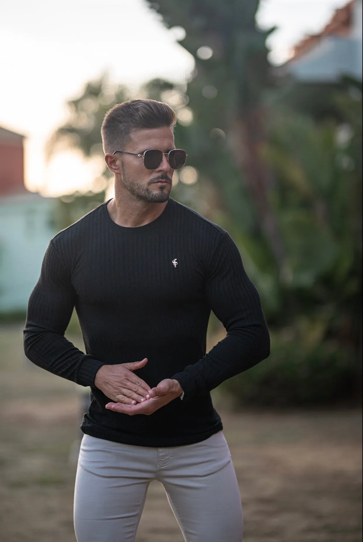 Father Sons Classic Black Ribbed Knit Super Slim Crew Long Sleeve with Gold Metal Emblem - FSH533