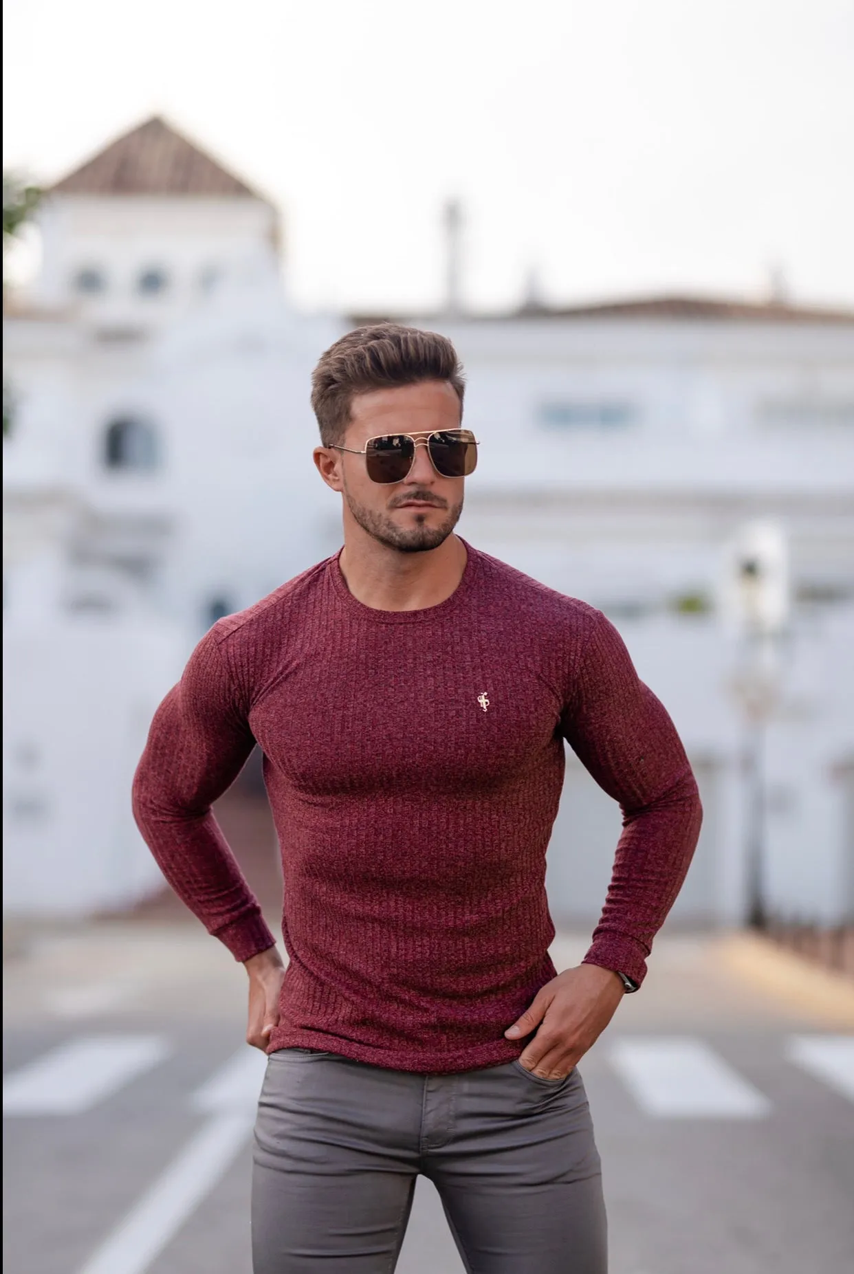 Father Sons Classic Claret Ribbed Knit Sweater With Gold Metal Emblem - FSH538