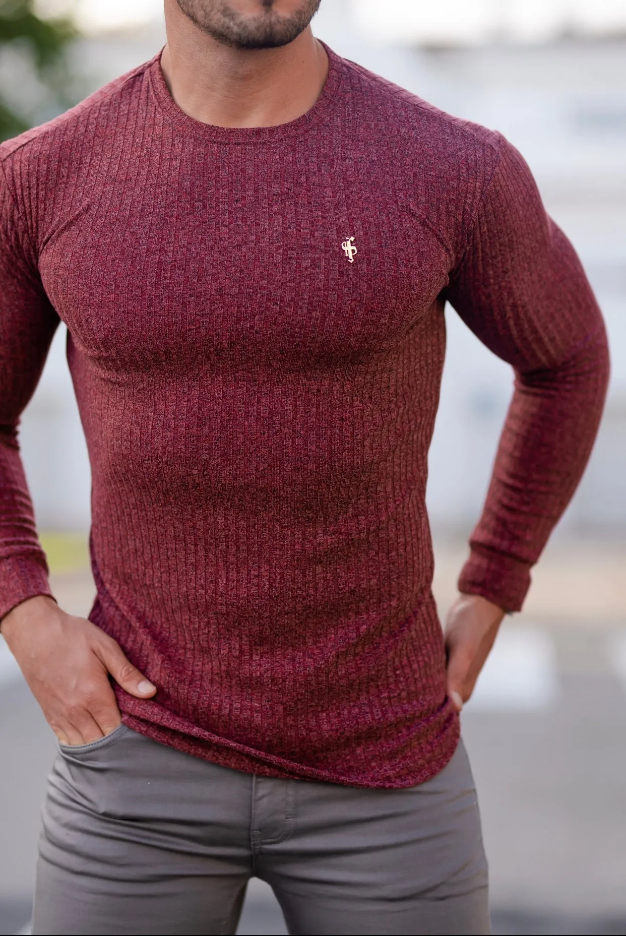 Father Sons Classic Claret Ribbed Knit Sweater With Gold Metal Emblem - FSH538