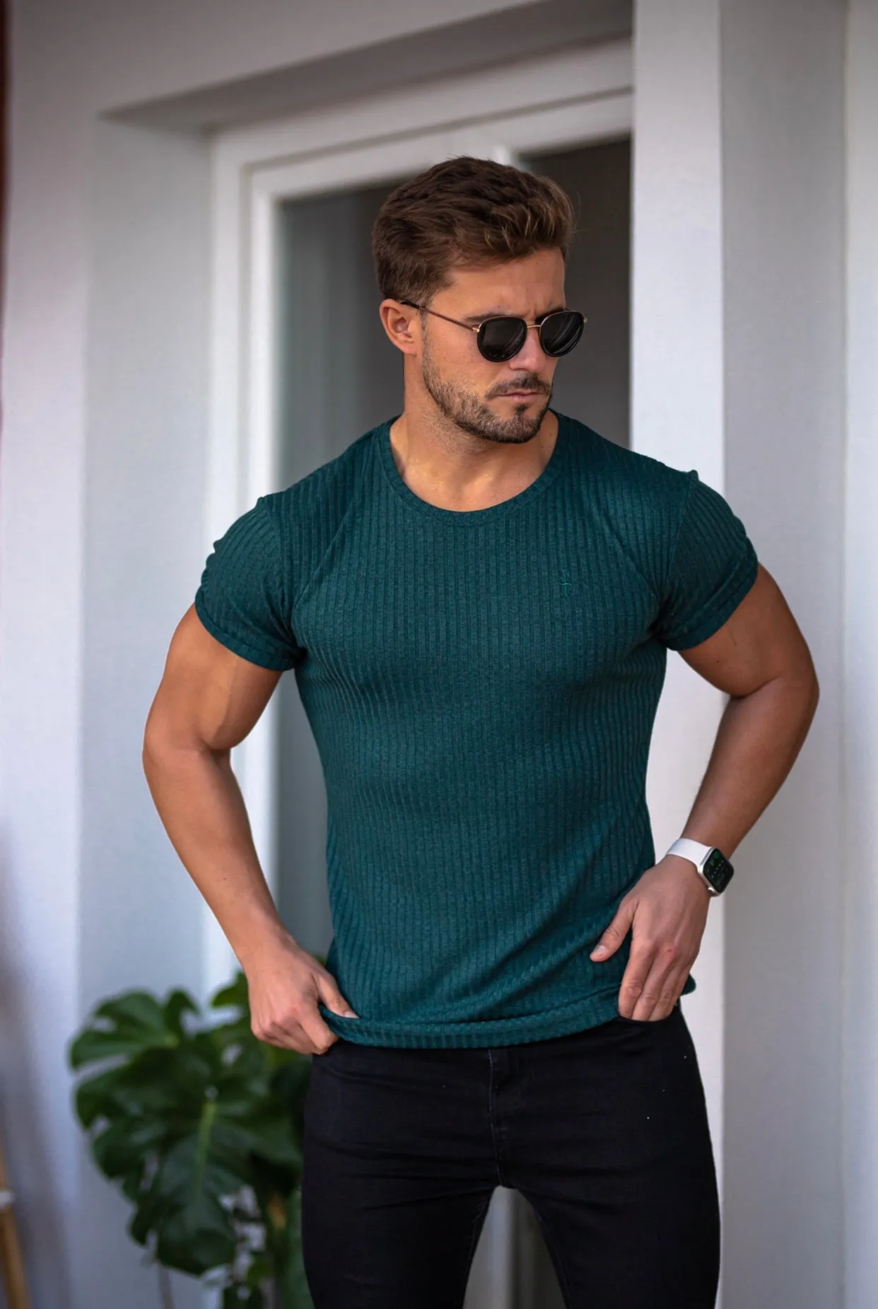 Father Sons Classic Forest Green Ribbed Knit Super Slim Short Sleeve Crew - FSH612