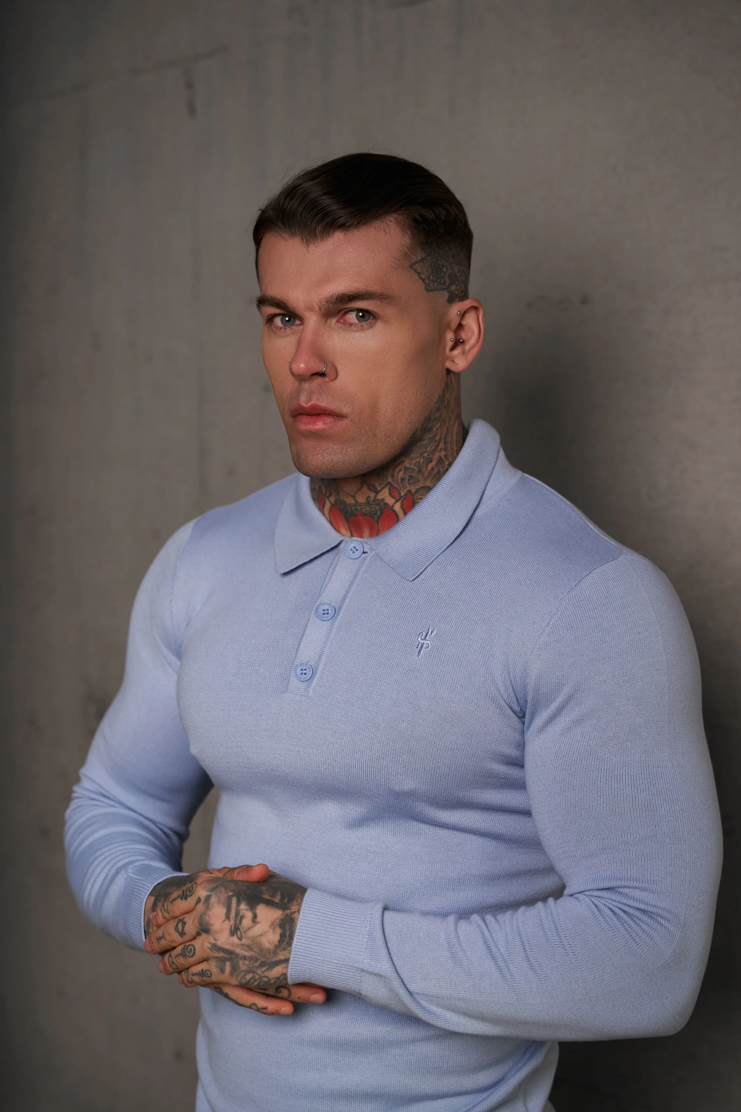 Father Sons Classic Pale Blue Knitted Polo Sweater Long Sleeve With Tonal FS Embroidery- FSN142