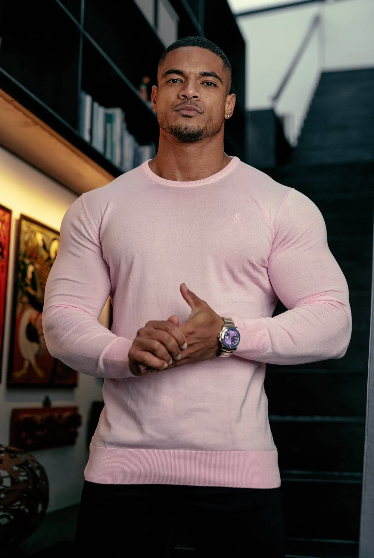 Father Sons Classic Pink Crew Neck Knitted Sweater with Tonal Emblem - FSH673