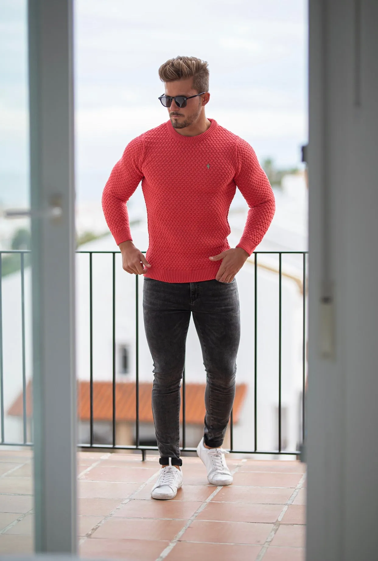 Father Sons Coral Knitted Weave Super Slim Sweater With Metal Decal - FSJ021