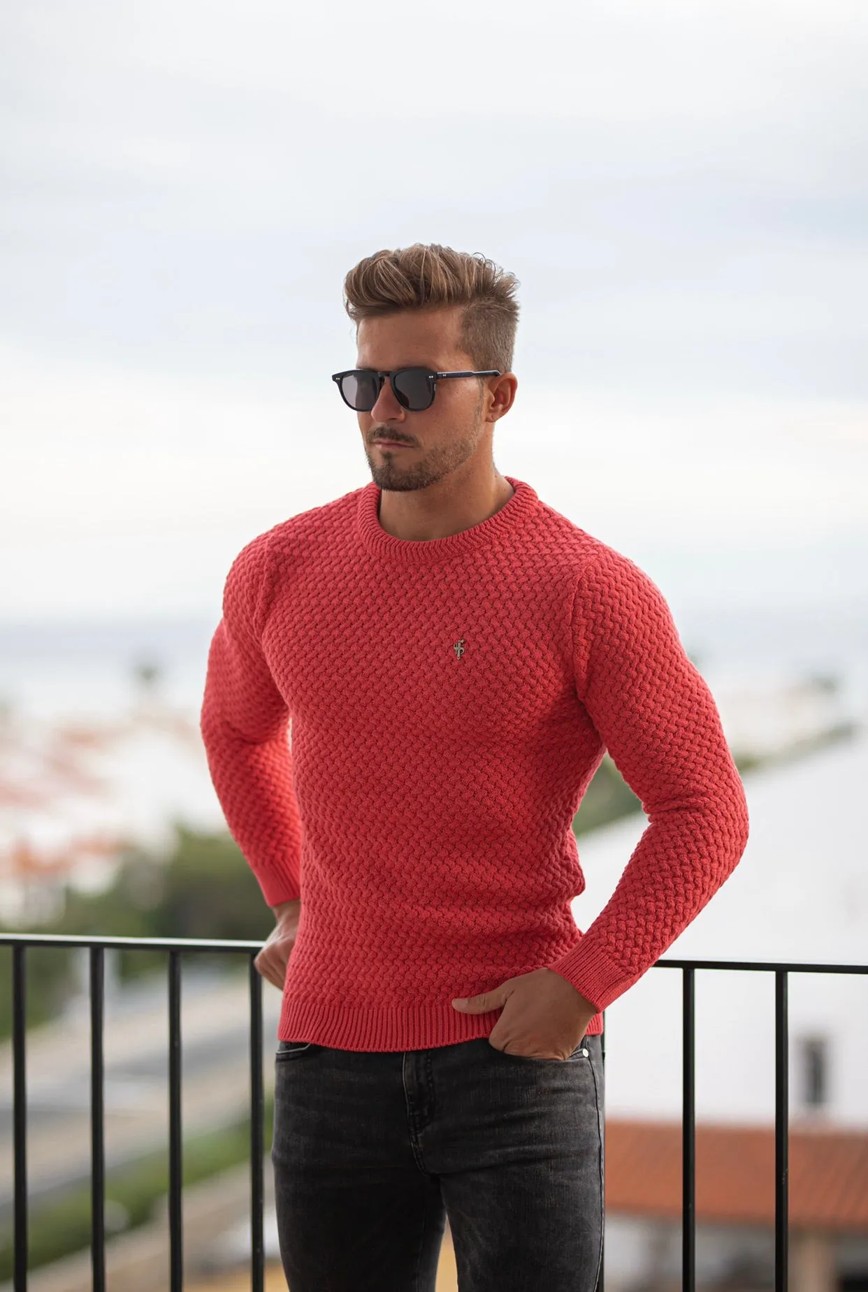 Father Sons Coral Knitted Weave Super Slim Sweater With Metal Decal - FSJ021