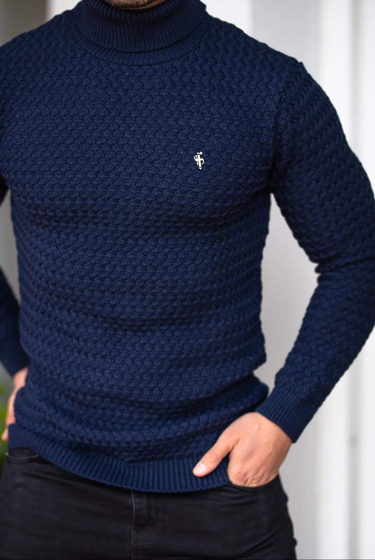 Father Sons Navy Knitted Roll Neck Weave Super Slim Sweater With Metal Decal - FSJ025