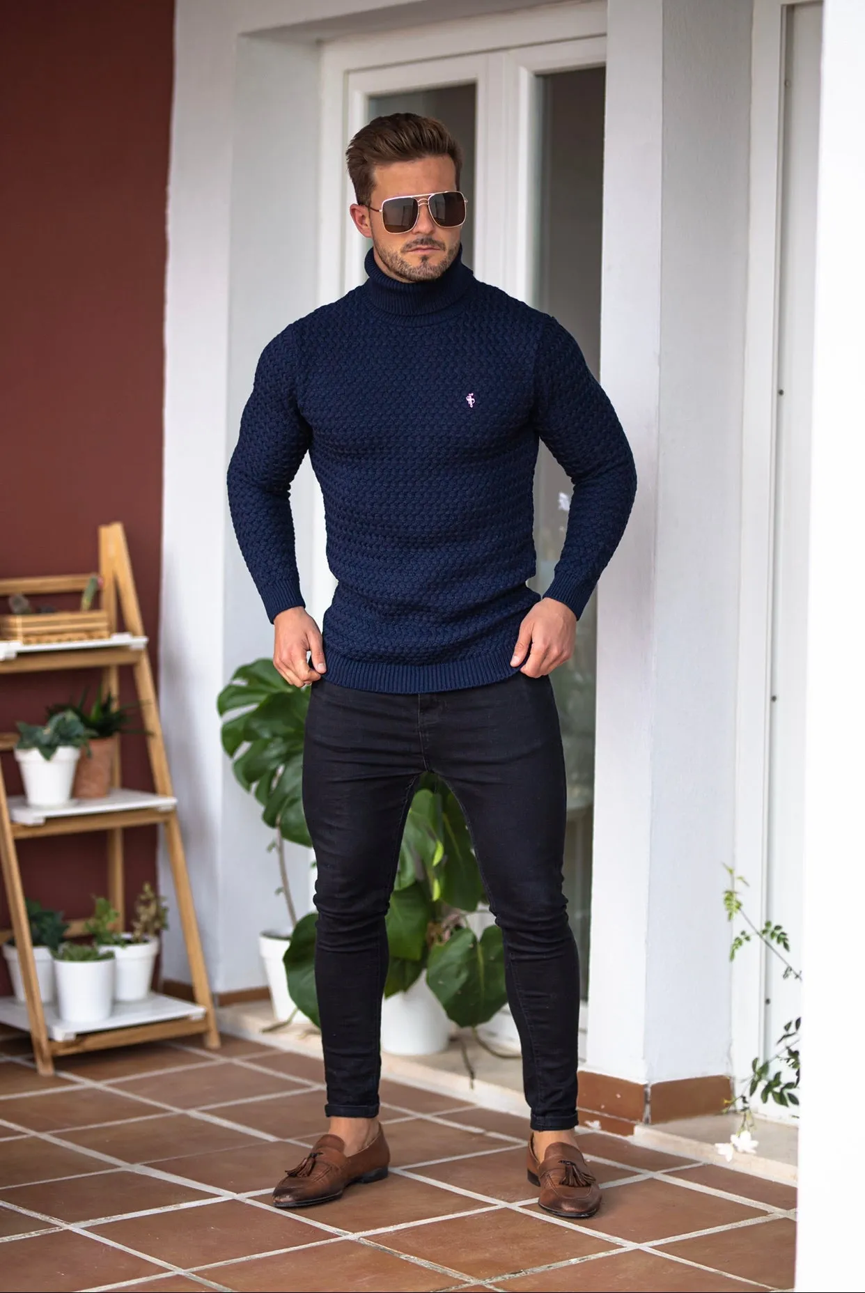 Father Sons Navy Knitted Roll Neck Weave Super Slim Sweater With Metal Decal - FSJ025