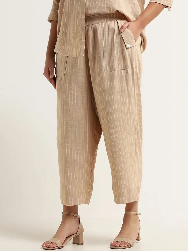 Gia Beige Striped High Rise Blended Linen Pants