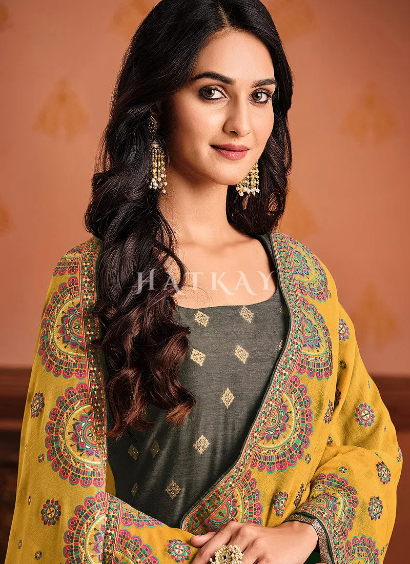 Grey And Yellow Pant Style Salwar Suit