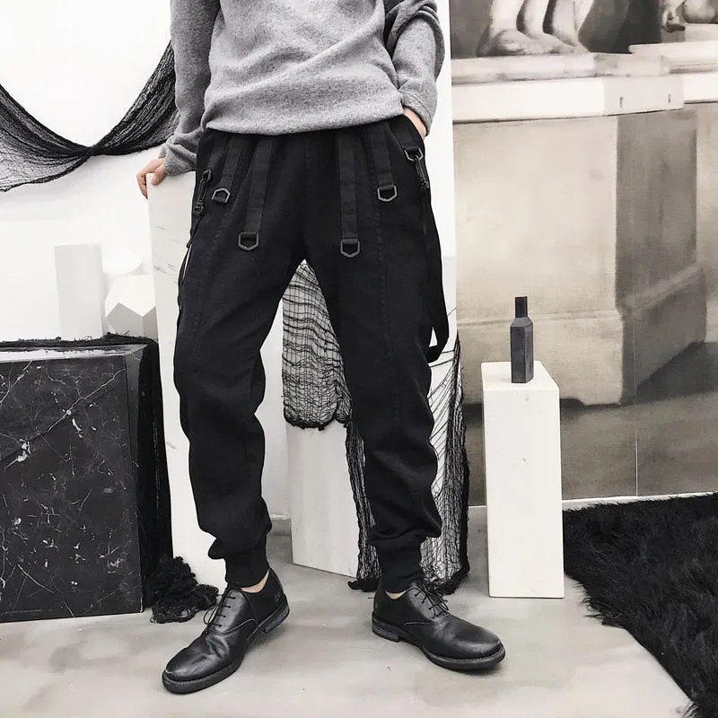 High Street Men Sling Buckle Ribbon Men Loose Jogger Pants