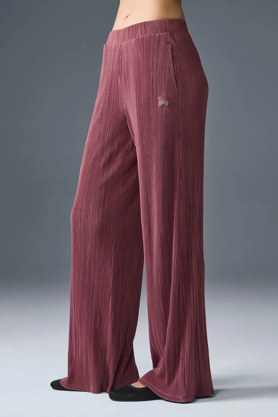 High-Waist Micro Plisse Straight Leg Pant - Burgundy Truffle