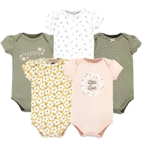 Hudson Baby Cotton Bodysuits, Sage Floral Wreath 5 Pack