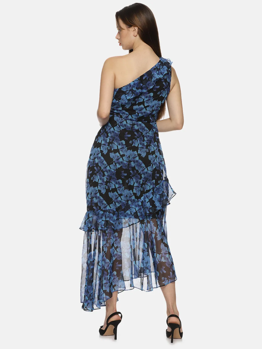 IS.U Floral Blue One Shoulder Asymmetrical Dress