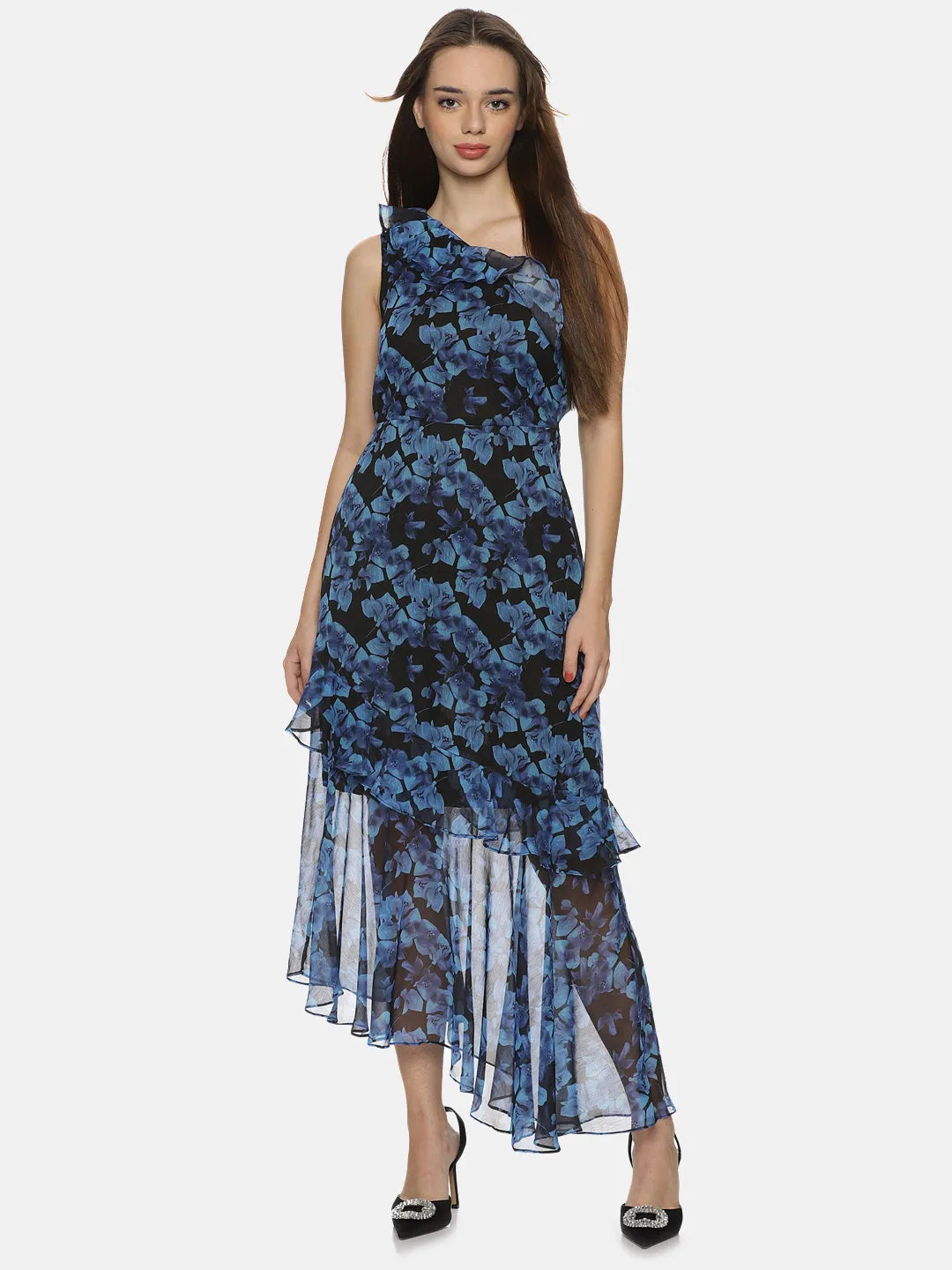 IS.U Floral Blue One Shoulder Asymmetrical Dress