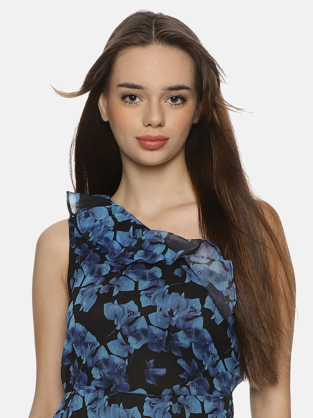 IS.U Floral Blue One Shoulder Asymmetrical Dress