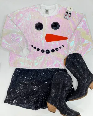 Last Chance Size XS | Queen Of Sparkles |  Snowman Face Sequin Sweater in White