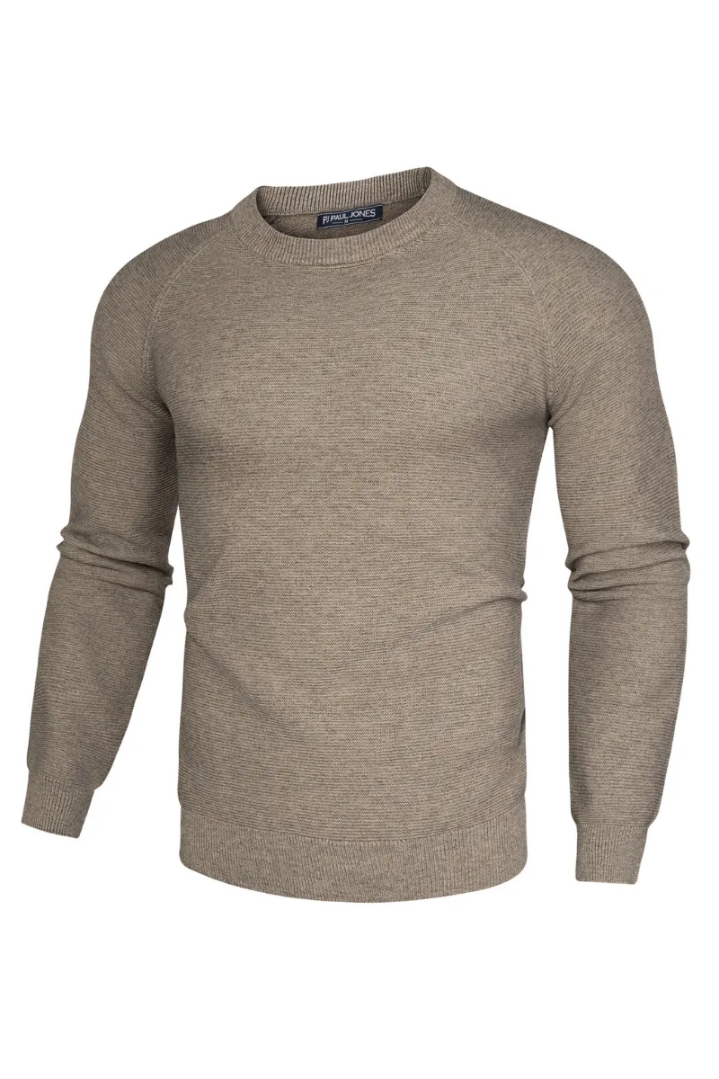 Men Fully Textured Sweater Long Raglan Sleeve Crew Neck Ribbed Cuff Pullover