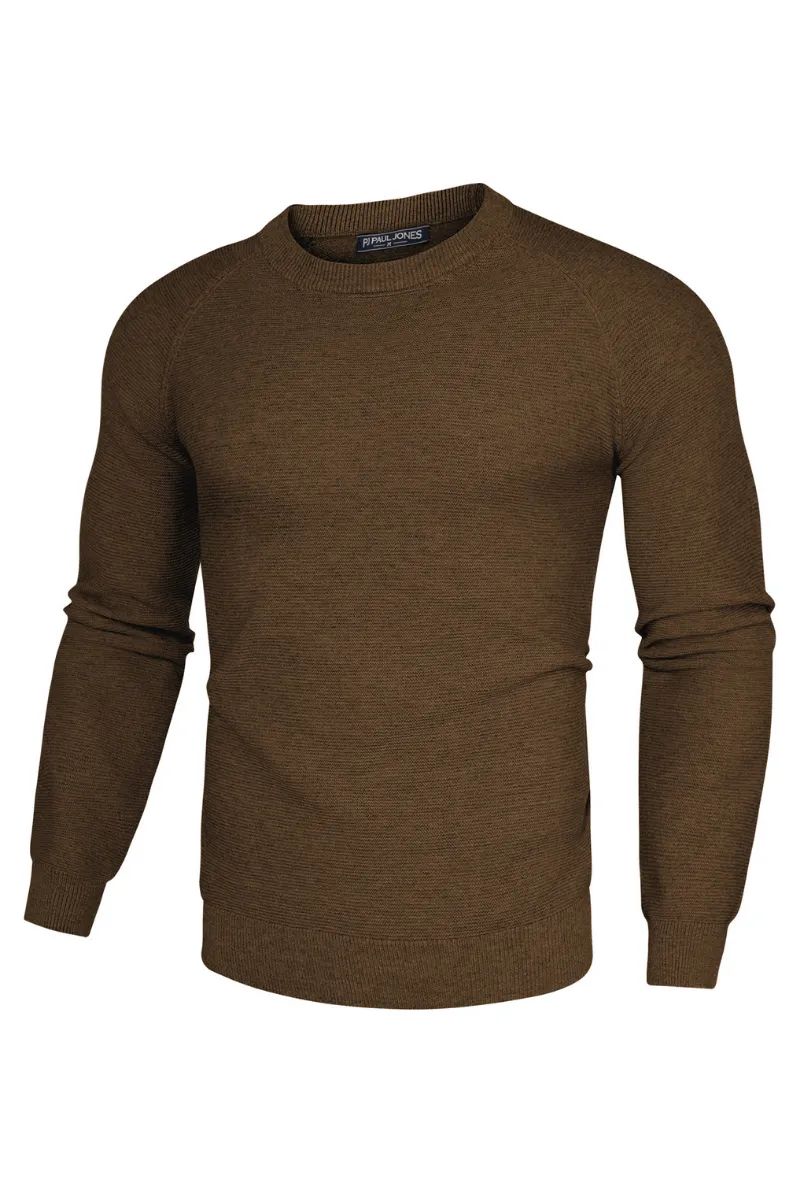 Men Fully Textured Sweater Long Raglan Sleeve Crew Neck Ribbed Cuff Pullover