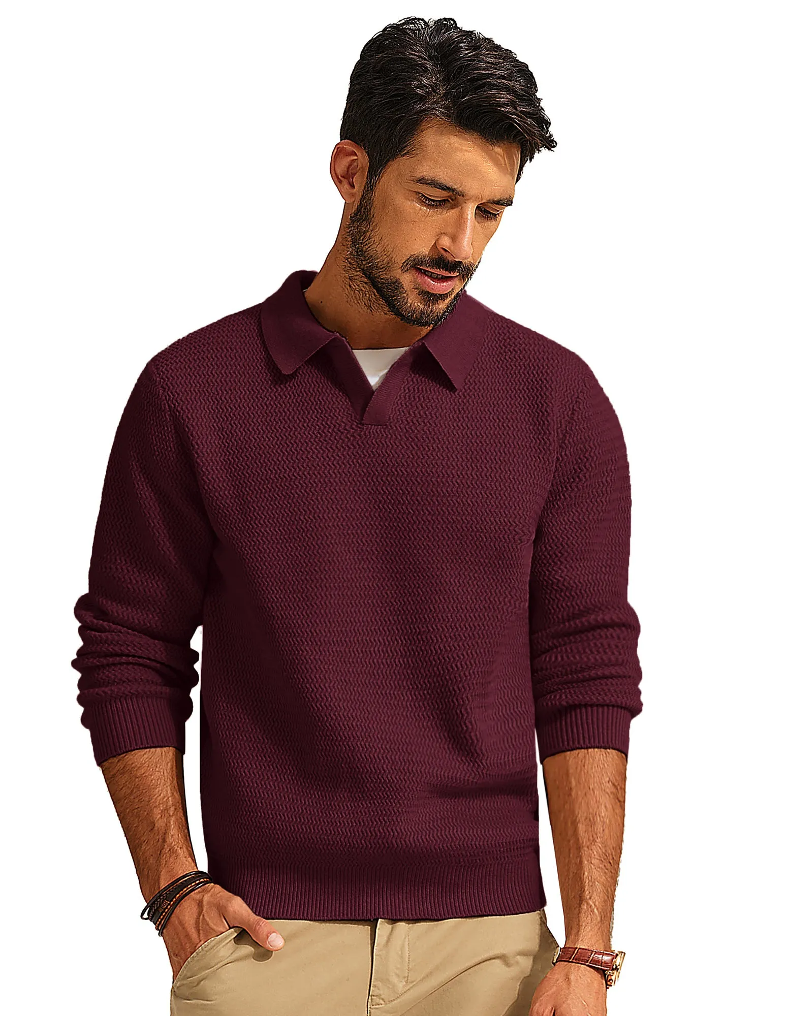 Men Fully Textured Sweater Long Sleeve Lapel Collar V-Neck Pullover Knitwear