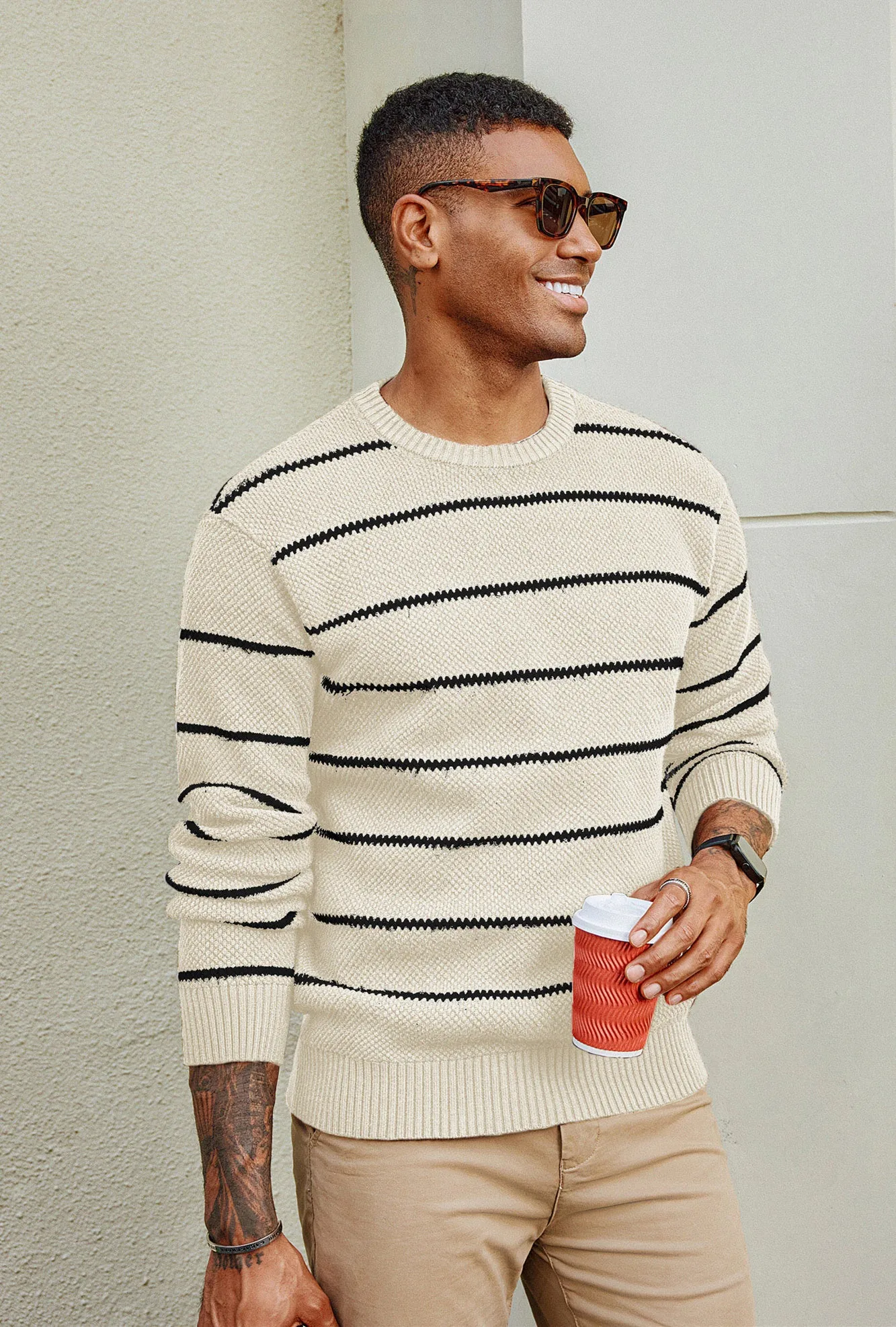 Men Honeycomb-Textured Sweater Long Sleeve Crew Neck Ribbed Cuff Pullover