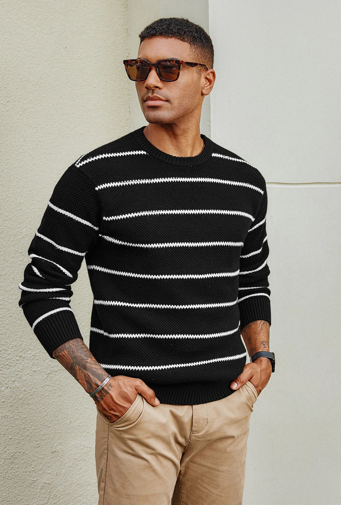 Men Honeycomb-Textured Sweater Long Sleeve Crew Neck Ribbed Cuff Pullover