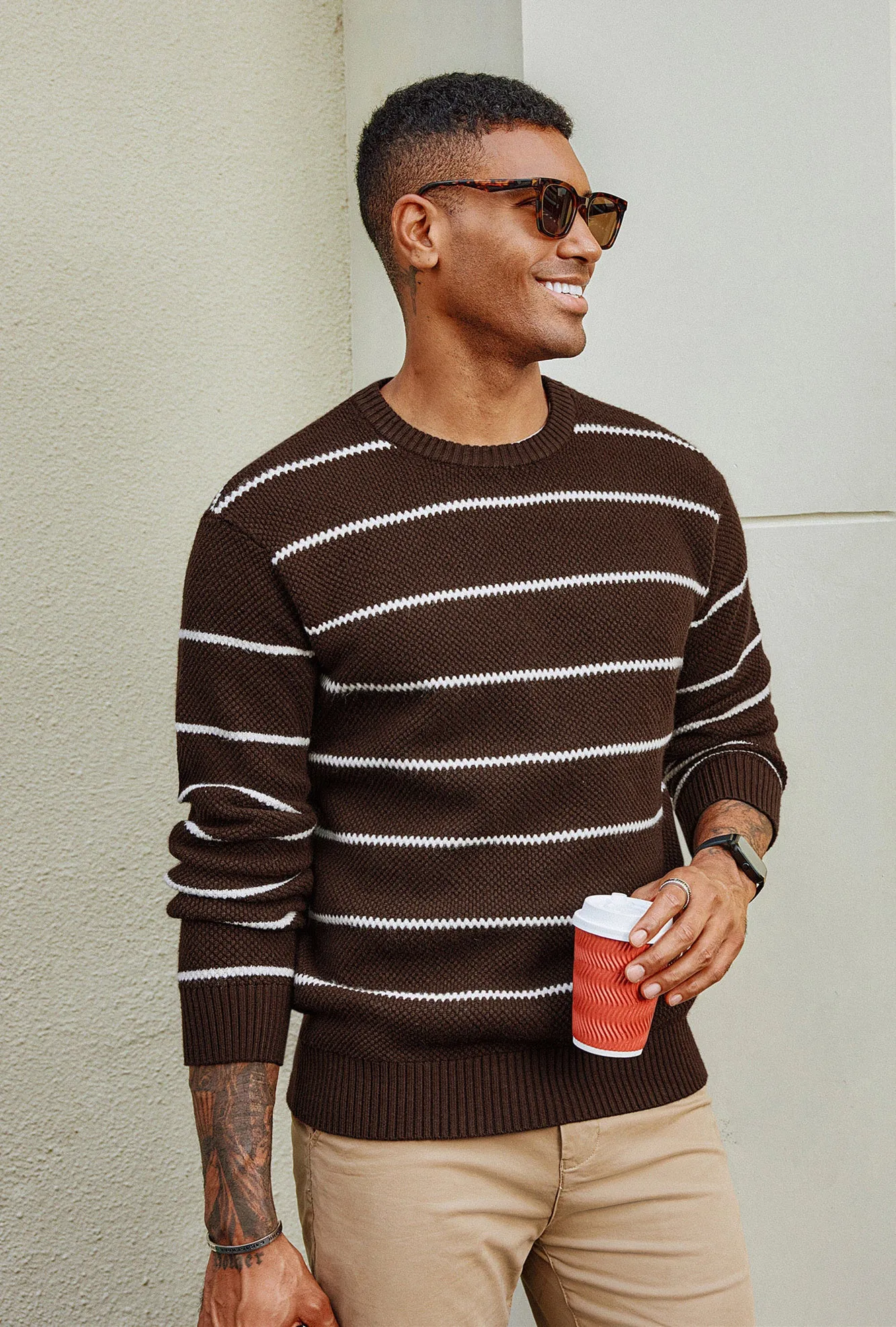 Men Honeycomb-Textured Sweater Long Sleeve Crew Neck Ribbed Cuff Pullover